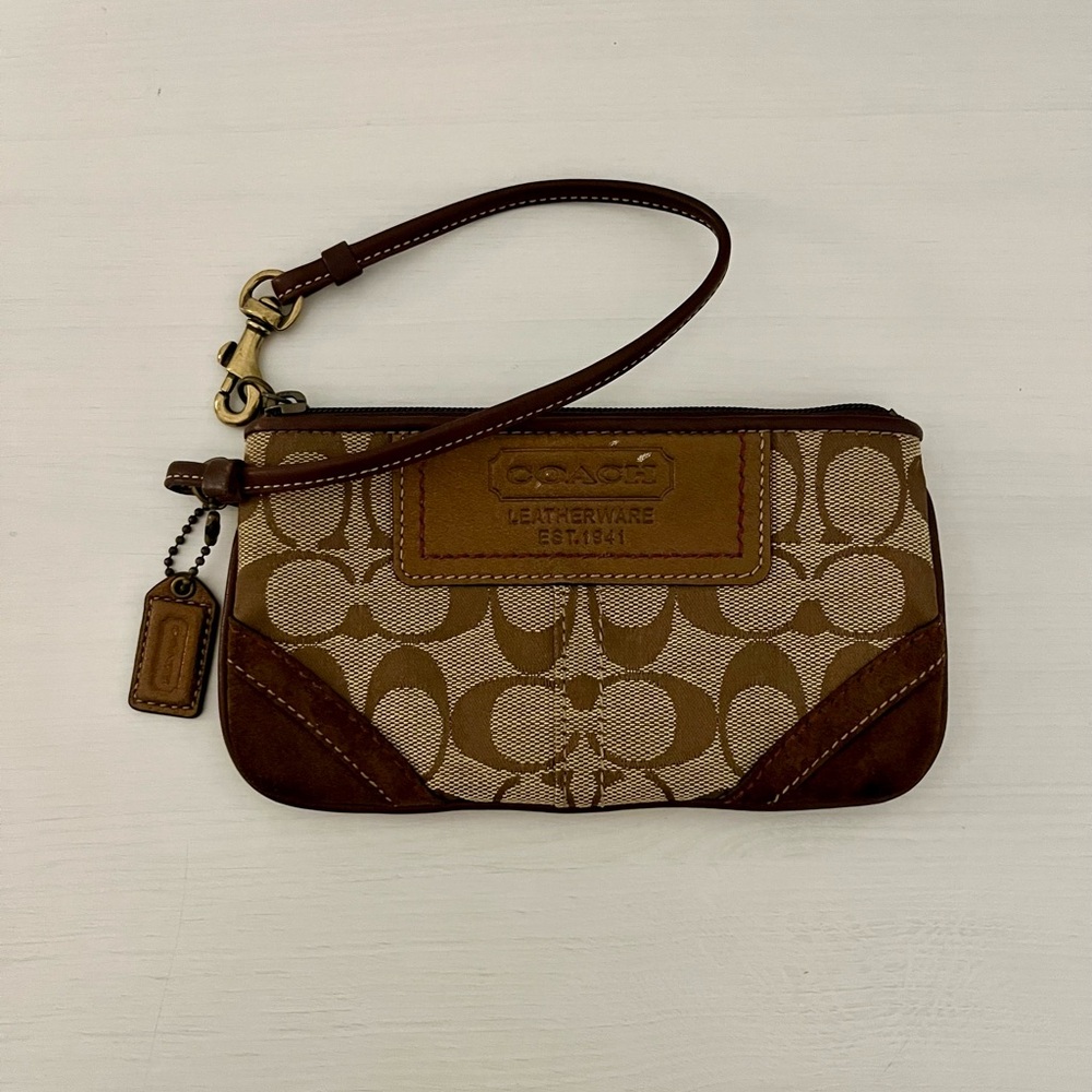 Coach Brown Signature Canvas / Suede Wristlet